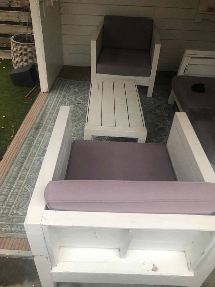 Witte Steigerhouten Tuinset - Tafel & Stoelen, Tuin en Terras, Tuinsets en Loungesets, Gebruikt, Tuinset, Steigerhout, 4 zitplaatsen