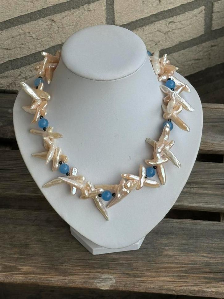 Aquamarijn , Biwa zoetwater Parel ketting, Sieraden, Tassen en Uiterlijk, Edelstenen, Nieuw, Ophalen of Verzenden