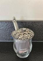 Honingpotje van glas met tinnen deksel en lepel, Ophalen of Verzenden, Zo goed als nieuw