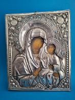 Oude Icoon in verzilverde lijst, Antiek en Kunst, Ophalen of Verzenden