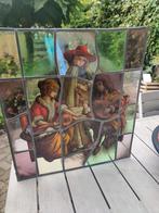 Glas in loodraam met brandschildering. ca. 45x50 cm, Antiek en Kunst, Antiek | Glas en Kristal, Ophalen