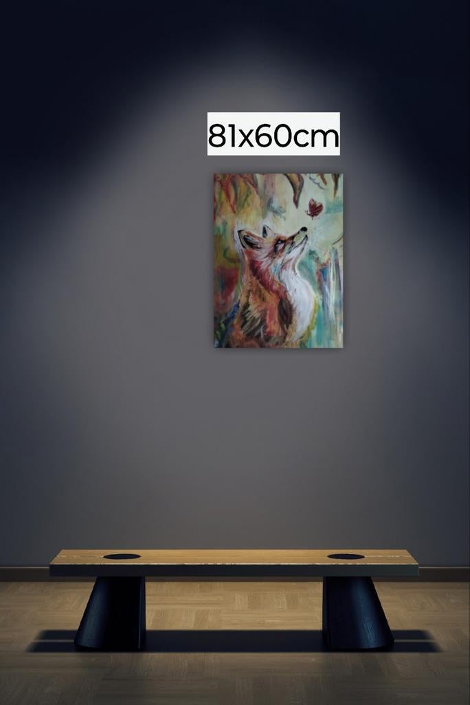 Schilderij van een vos met vlinder, Antiek en Kunst, Kunst | Schilderijen | Klassiek, Ophalen of Verzenden