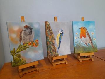 Partij nr 3 vogelschilderij mus roodborstje etc - vogel beschikbaar voor biedingen
