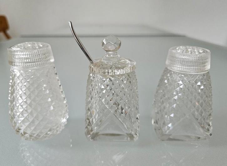 Vintage/antiek kristallen peper-zout en mosterd stel, Antiek en Kunst, Antiek | Glas en Kristal, Ophalen of Verzenden