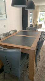 Eetafel  met natuursteen incl 6 stoelen leer, Ophalen, Eikenhout, 50 tot 100 cm, Zo goed als nieuw