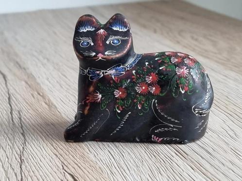 Mooie Vintage Houten Kat Poes Bloemen Handpainted Thailand, Verzamelen, Beelden en Beeldjes, Gebruikt, Dier, Verzenden