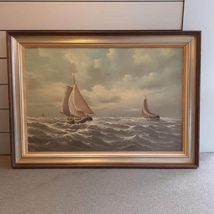 Hollandse zeilboten op woelige zee, olieverf op doek,  gesig, Antiek en Kunst, Kunst | Schilderijen | Klassiek, Ophalen of Verzenden