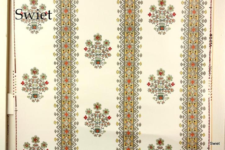 5588 Folklore bloemenbehang symmetrisch retro dessin swiet, Huis en Inrichting, Stoffering | Behang, Wit, Zwart, Geel, Grijs, Groen