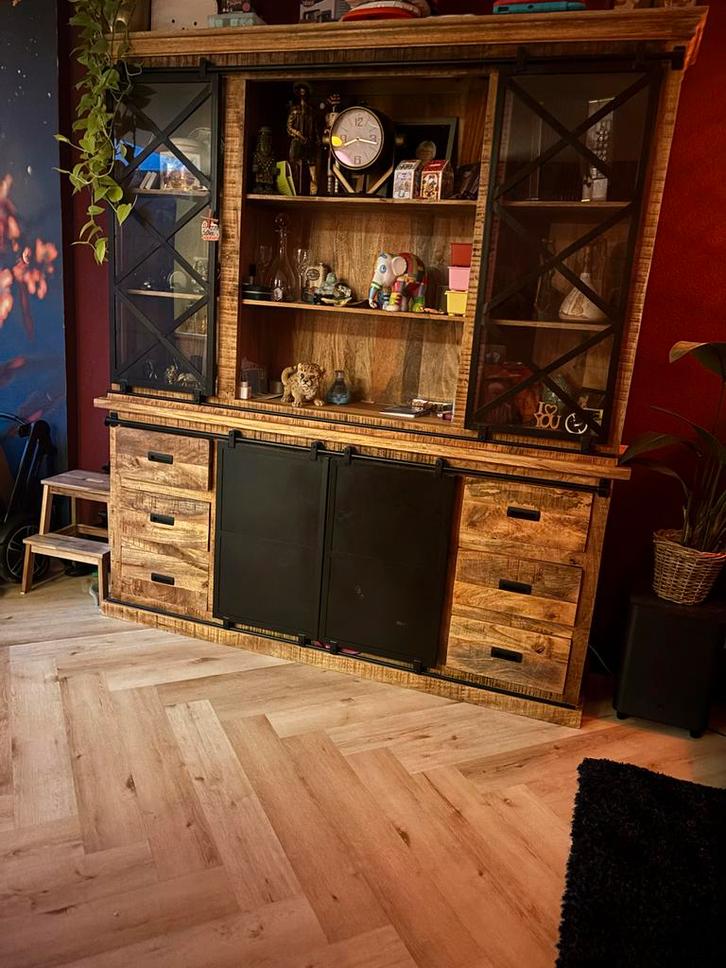 Mooie mango houten buffetkast - 220x201x46 cm, Huis en Inrichting, Kasten | Buffetkasten, Gebruikt, 200 cm of meer, 25 tot 50 cm