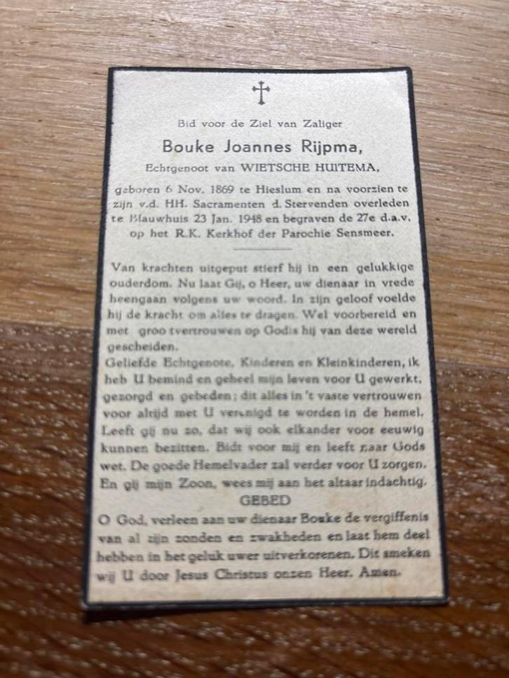 Rijpma Bouke 1869 Hieslum 1948 Blauwhuis x Huitema - 25153, Verzamelen, Bidprentjes en Rouwkaarten, Bidprentje, Ophalen of Verzenden