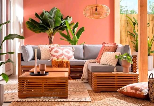 Houten Loungeset met Hocker, Tuin en Terras, Tuinsets en Loungesets, Gebruikt, Loungeset, Hout, 4 zitplaatsen, Bank, Hocker, Ophalen