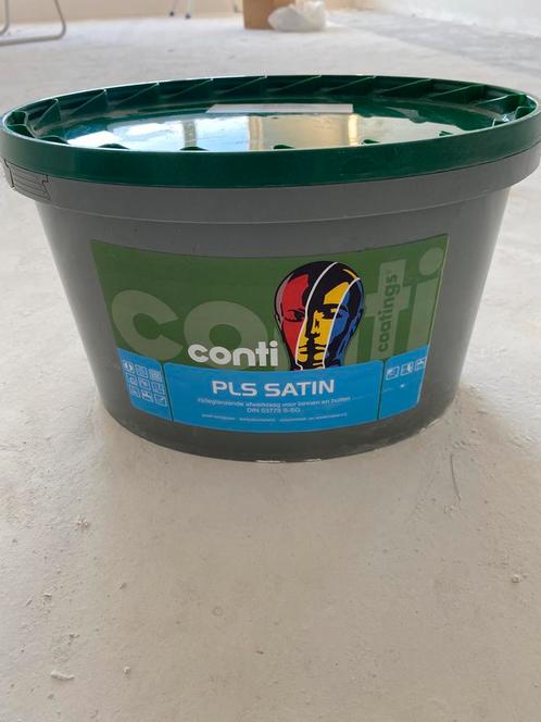 Conti PLS Satin 5 liter zijdeglans latex 9010., Doe-het-zelf en Verbouw, Verf, Beits en Lak, Nieuw, Lak, 5 tot 10 liter, Wit, Ophalen
