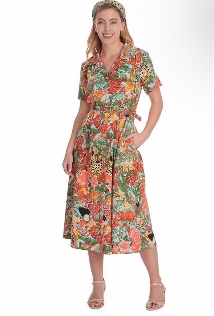 Banned Retro Wild Parrot Jurk XS, Kleding | Dames, Jurken, Zo goed als nieuw, Maat 34 (XS) of kleiner, Overige kleuren, Knielengte