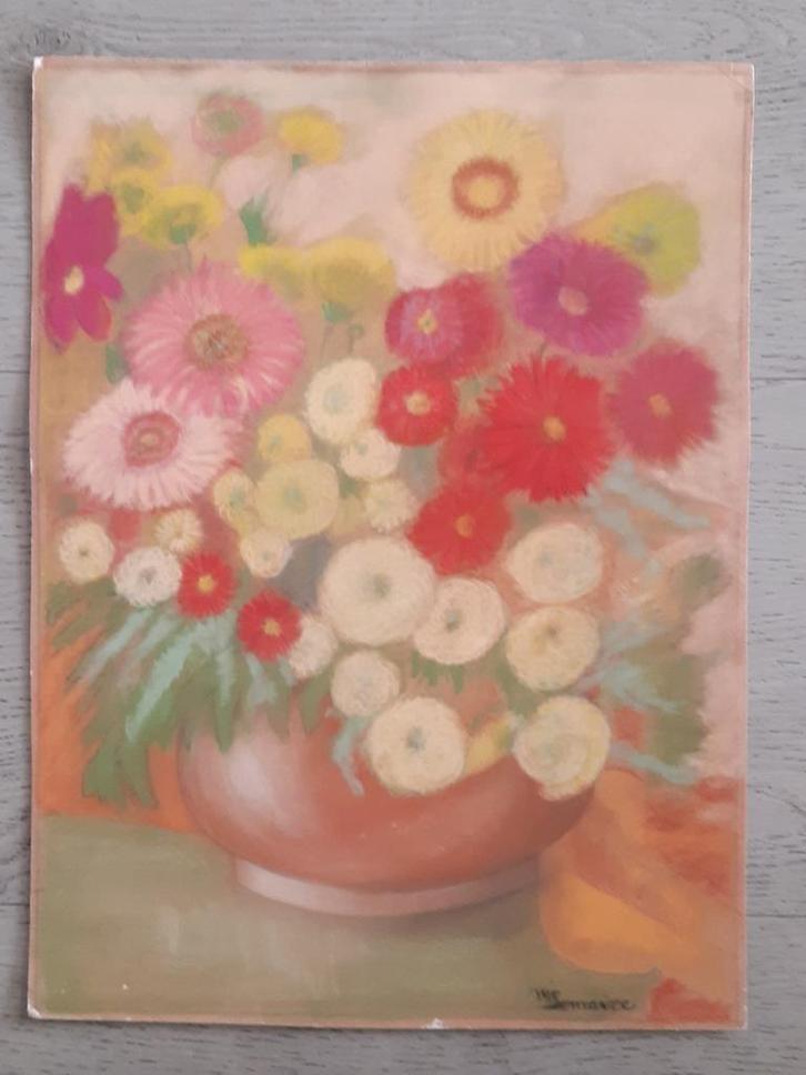 schilderij stilleven bloemen pastel gesigneerd, Antiek en Kunst, Kunst | Schilderijen | Klassiek, Ophalen of Verzenden