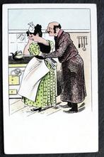 Hij kietelt zijn vrouw in de keuken, zij lacht erom, Verzamelen, Ansichtkaarten | Themakaarten, Overige thema's, Ongelopen, Voor 1920