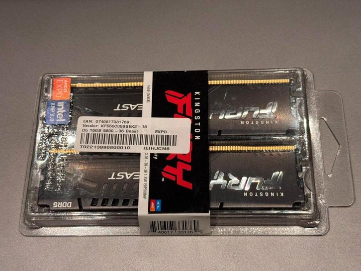 DDR5 2x8GB 16GB Kingston FURY Beast Black, Computers en Software, RAM geheugen, Nieuw, Desktop, 16 GB, DDR5, Ophalen of Verzenden