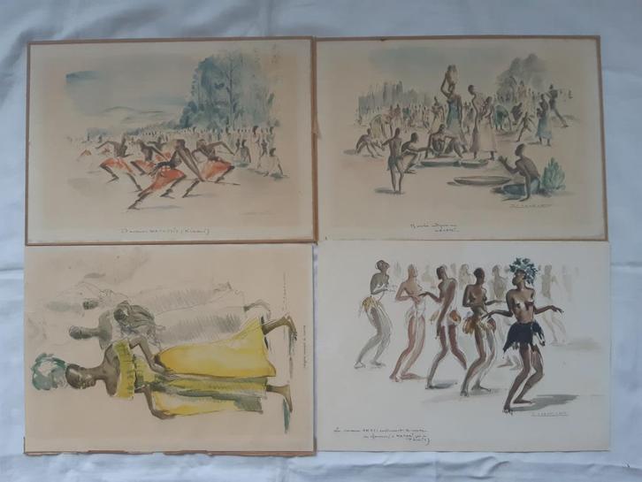 Paul Daxhelet: 4x oude aquarel-litho's Afrikaanse tafereel, Antiek en Kunst, Kunst | Litho's en Zeefdrukken, Ophalen of Verzenden