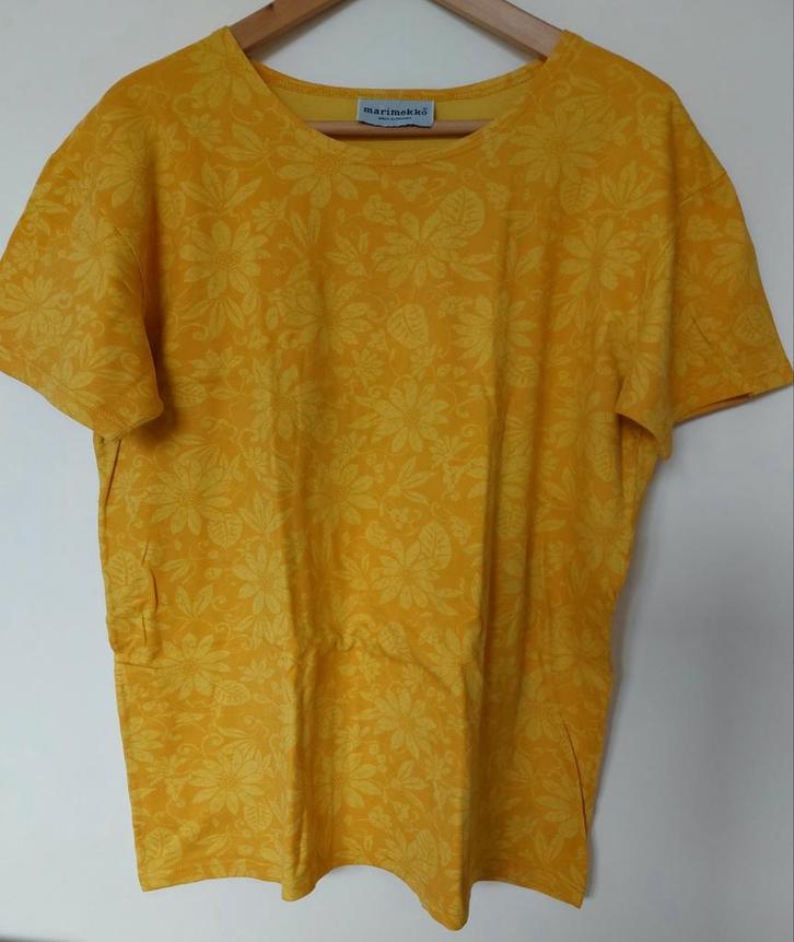 MARIMEKKO, geel/oranje shirt maat M., Hobby en Vrije tijd, Stoffen en Lappen, Zo goed als nieuw, Katoen, 30 tot 120 cm, 30 tot 200 cm