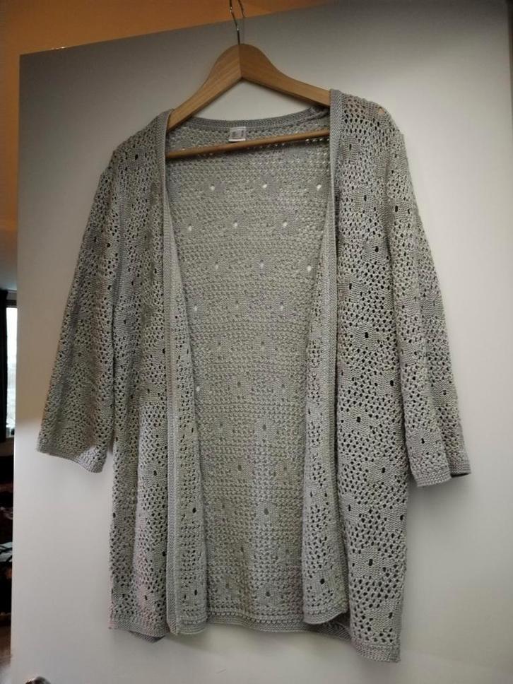 Grijs bloemen vest gehaakt 44, Kleding | Dames, Truien en Vesten, Zo goed als nieuw, Maat 42/44 (L), Grijs, Ophalen of Verzenden