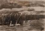Houtskooltekening Zwanen Weerribben - A4, Antiek en Kunst, Kunst | Tekeningen en Foto's, Ophalen of Verzenden