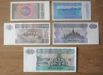 Myanmar, 5 verschillende bankbiljetten (UNC)