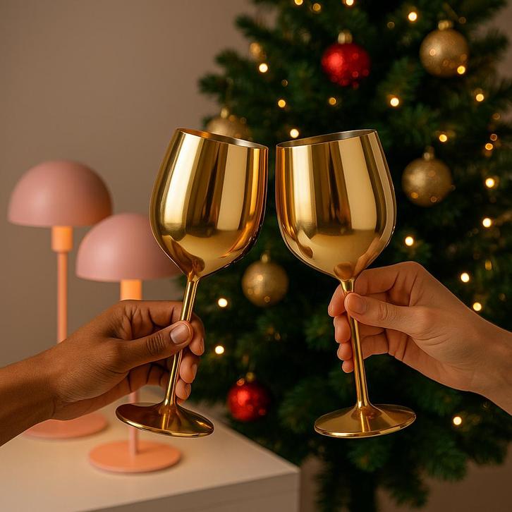 2 Leuke Gouden Wijnglazen - kunststof - 8 x 8 x 22 cm NW, Diversen, Kerst, Nieuw, Verzenden