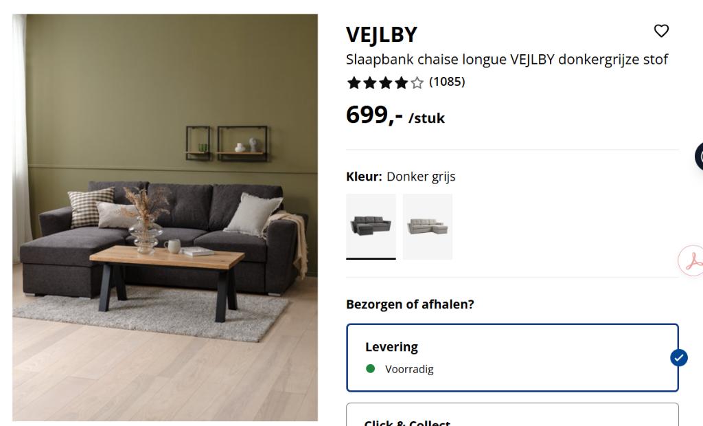 JYSK VEJLBY slaapbank met chaise longue – donkergrijs – €120, Ophalen, Gebruikt, Tweepersoons, 140 cm