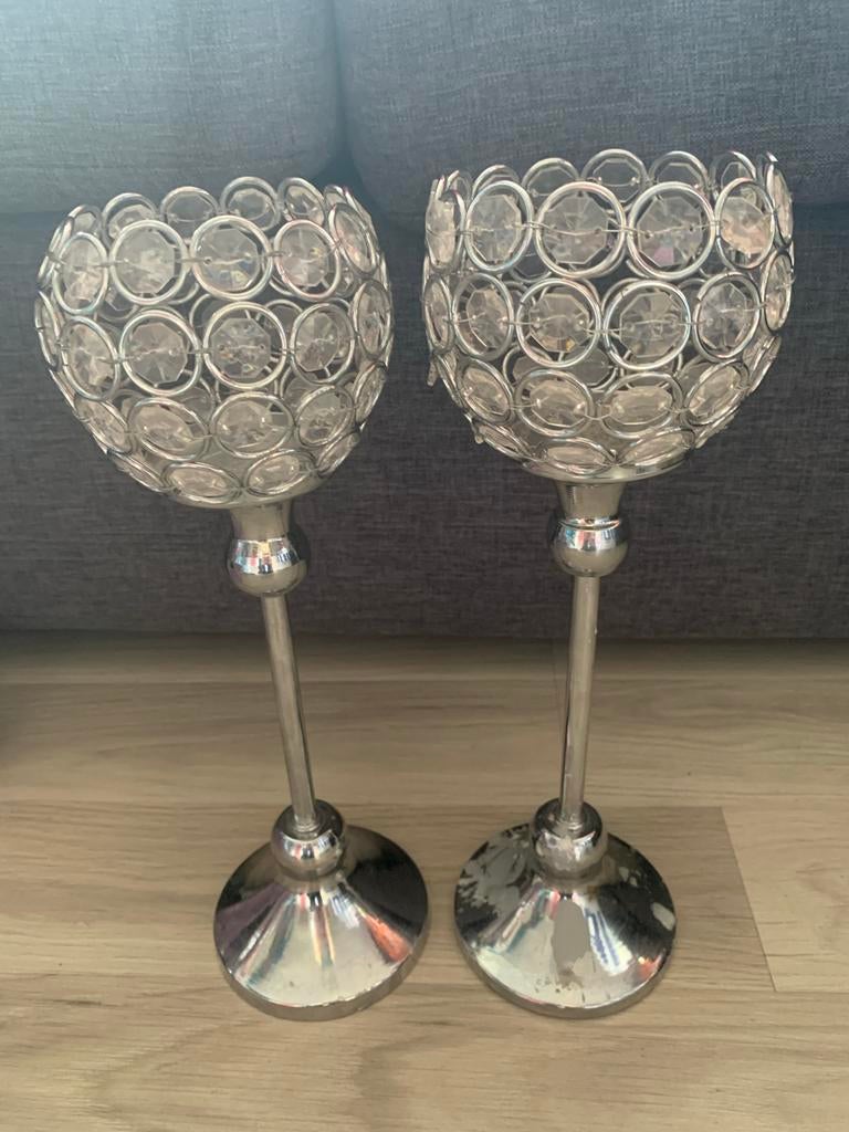 Set van 2 kristallen kandelaars, 25 tot 50 cm, Ophalen of Verzenden, Zo goed als nieuw, Metaal