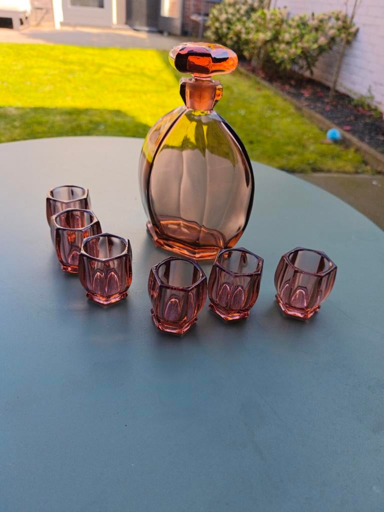 Paarse Art Deco karaf met glaasjes, Antiek en Kunst, Antiek | Glas en Kristal, Ophalen of Verzenden