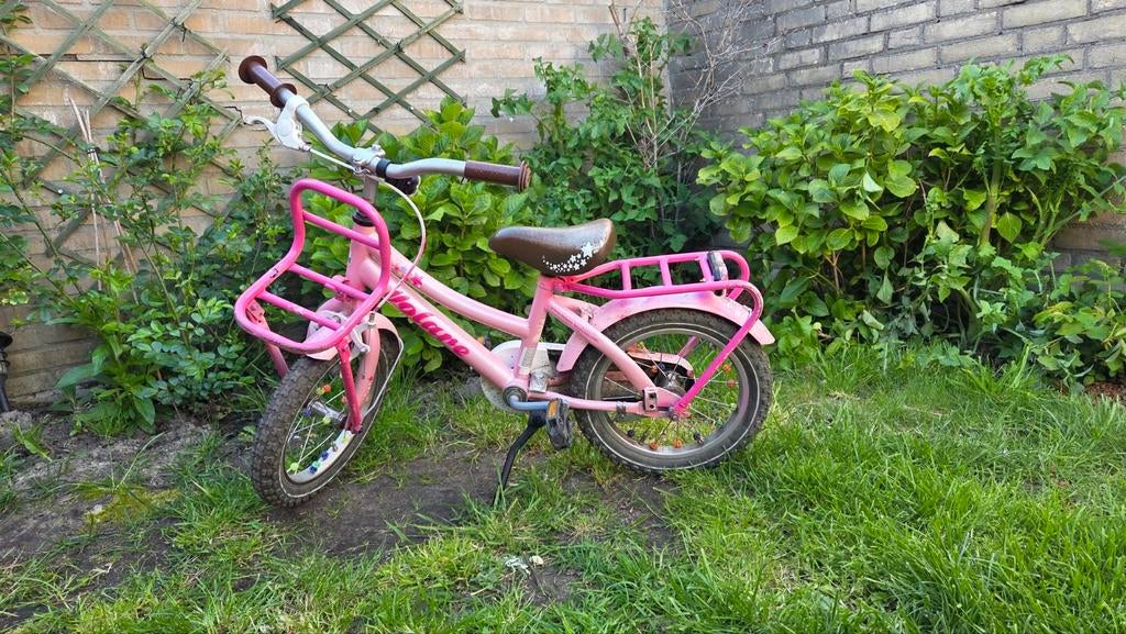 Roze kinderfiets 14 inch. Handrem moet bijgesteld worden., Gebruikt, Velgrem, Minder dan 16 inch, Volare
