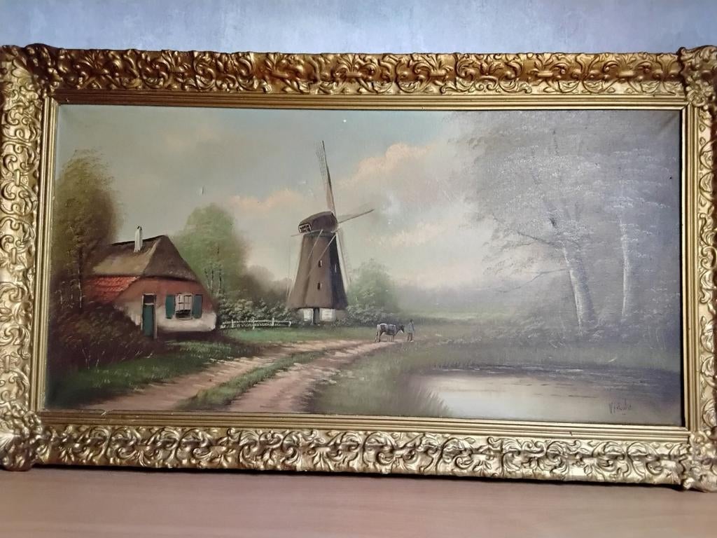 Olieverf Schilderij Boerenlandschap Verhulst 40x80cm, Ophalen