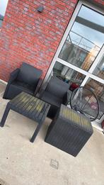Tuinset balkonset – 3 stoelen + tafel + kussenbox, Ophalen, Zo goed als nieuw, Kunststof