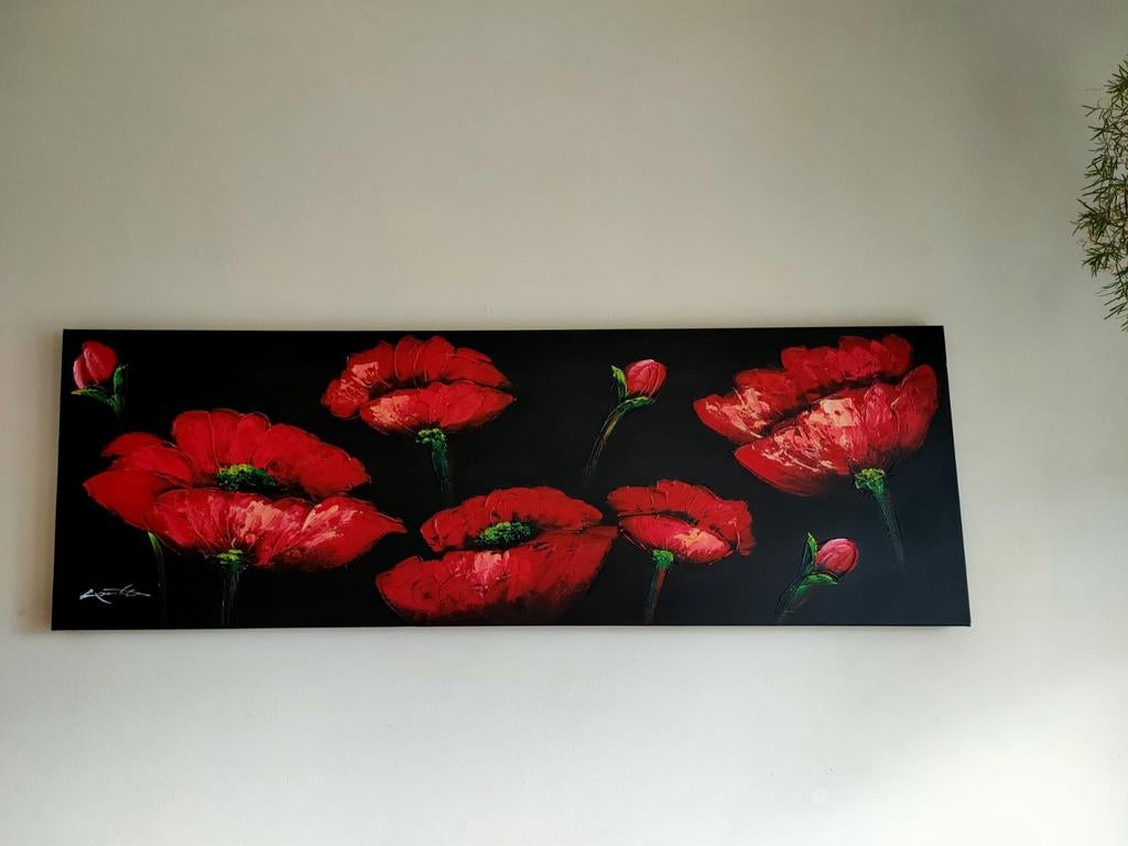 Handgemaakt schilderij met rode klaprozen, Antiek en Kunst, Ophalen of Verzenden