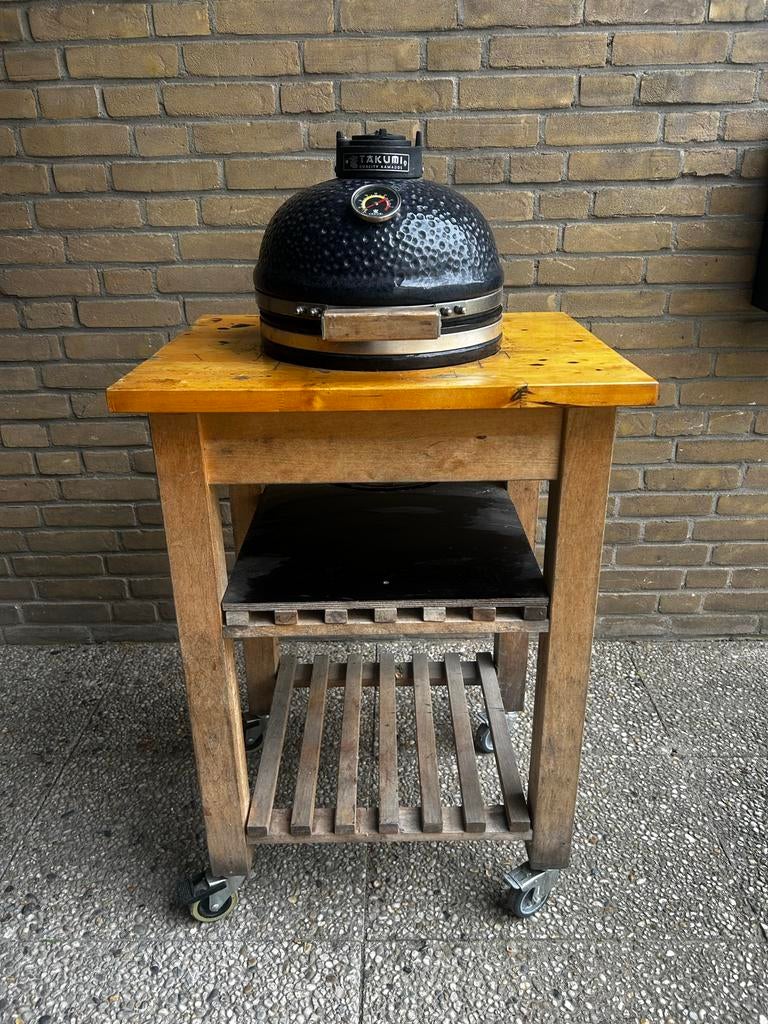 Kamado BBQ op Houten Trolley 32 cm diameter rooster 26 cm, Tuin en Terras, Ophalen, Gebruikt, Met accessoires