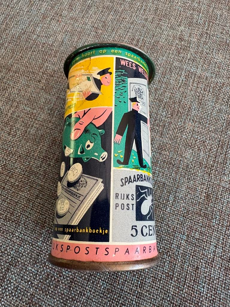 Vintage Spaarpot Rijkspostspaarbank 1950 - Blik, Verzamelen, Ophalen of Verzenden, Gebruikt, Metaal of Blik, Overige thema's
