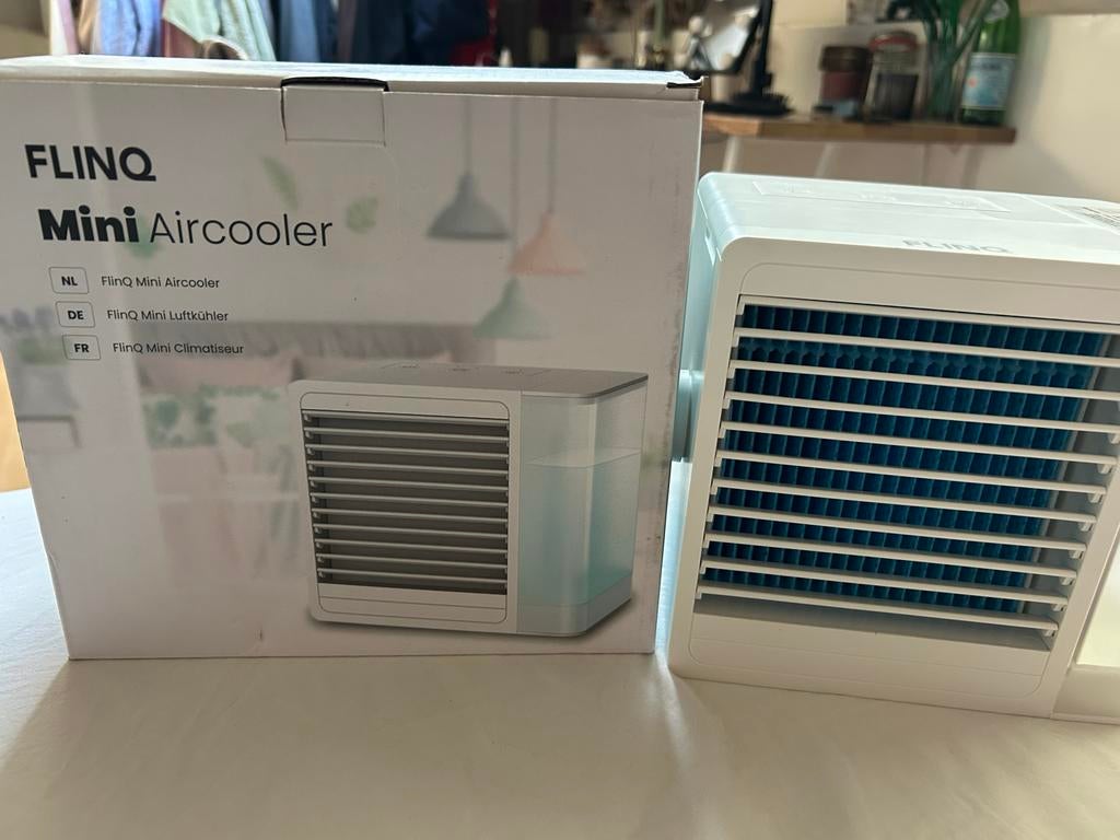 2x FlinQ Mini Aircooler - 1x ongebruikt, 1x z.g.a.n., Tafel- of Grondventilator, Minder dan 60 m³, 2 snelheden, Ophalen of Verzenden