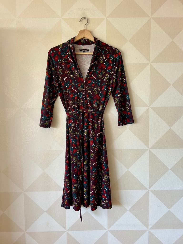 King Louie Emmy Dress midi jurk paars bloem vogel M/38 zgan, Maat 38/40 (M), Paars, Ophalen of Verzenden, Zo goed als nieuw