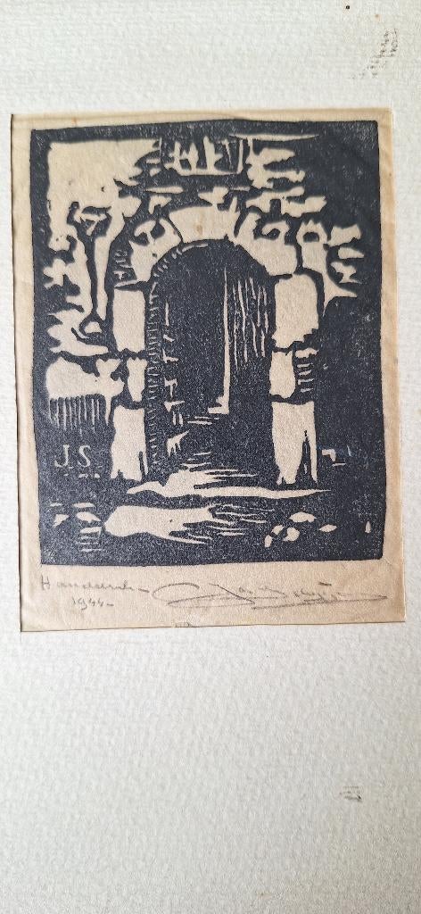 Houtsnede handgedrukt schilderij, Antiek en Kunst, Kunst | Etsen en Gravures, Ophalen, Architectuur, Houtsnede, Gesigneerd