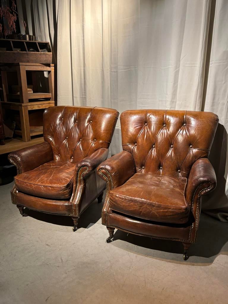 Set vintage Cognacbruin leren fauteuils, Gebruikt, Engels Klassiek Chique, 50 tot 75 cm, Leer
