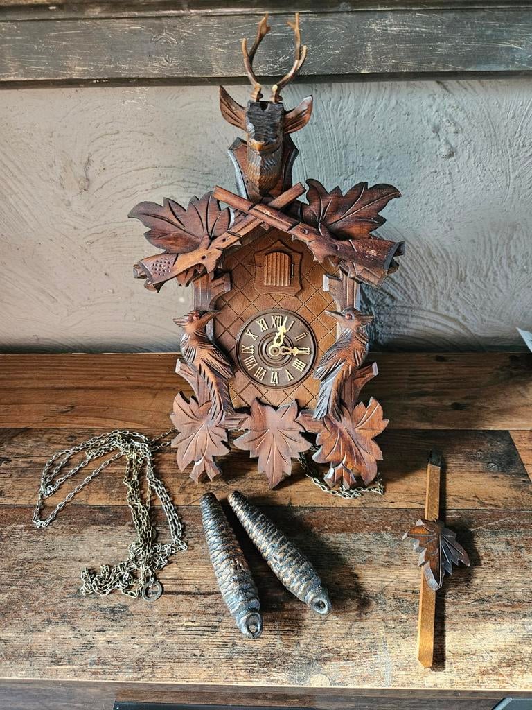 Antieke Koekoeksklok met Hertenkop en Jachttafereel, Antiek en Kunst, Antiek | Klokken, Ophalen of Verzenden