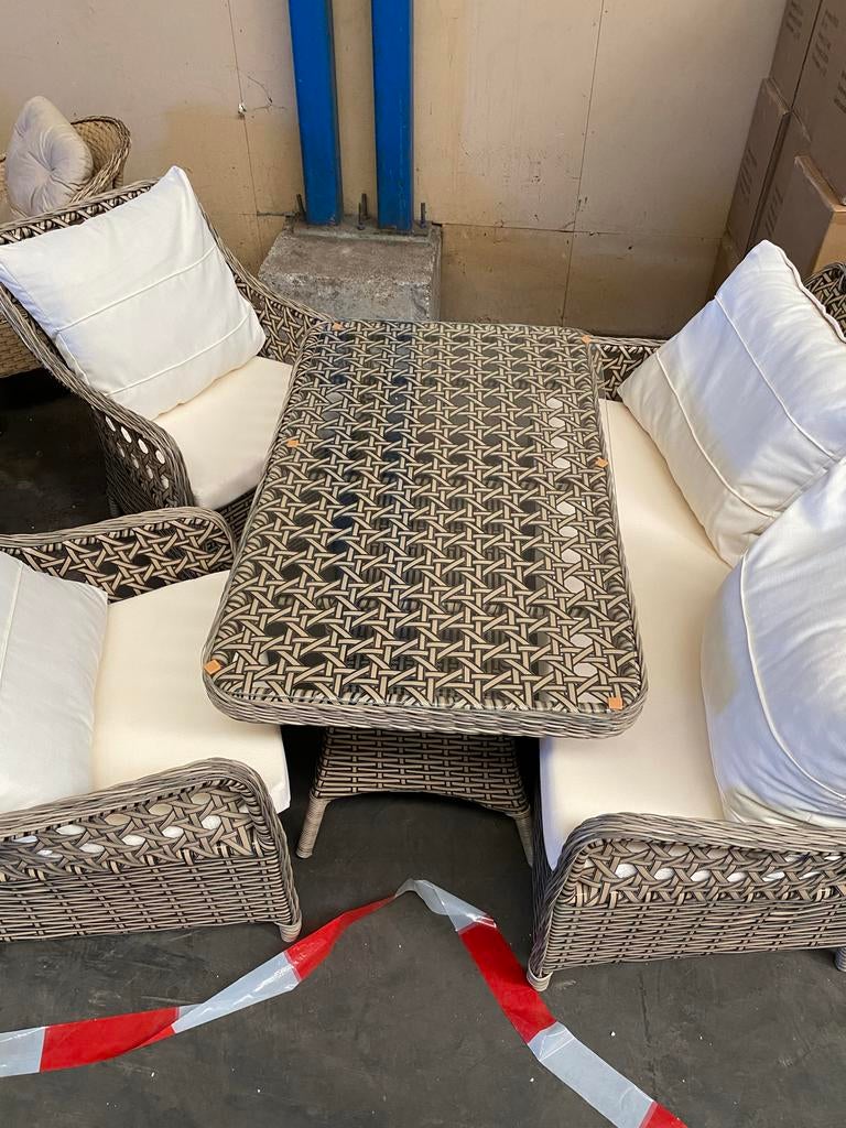 Nieuwe Tuinset met Glazen Tafel en Kussens, Tuin en Terras, 4 zitplaatsen, Eettafel, Nieuw, Ophalen of Verzenden