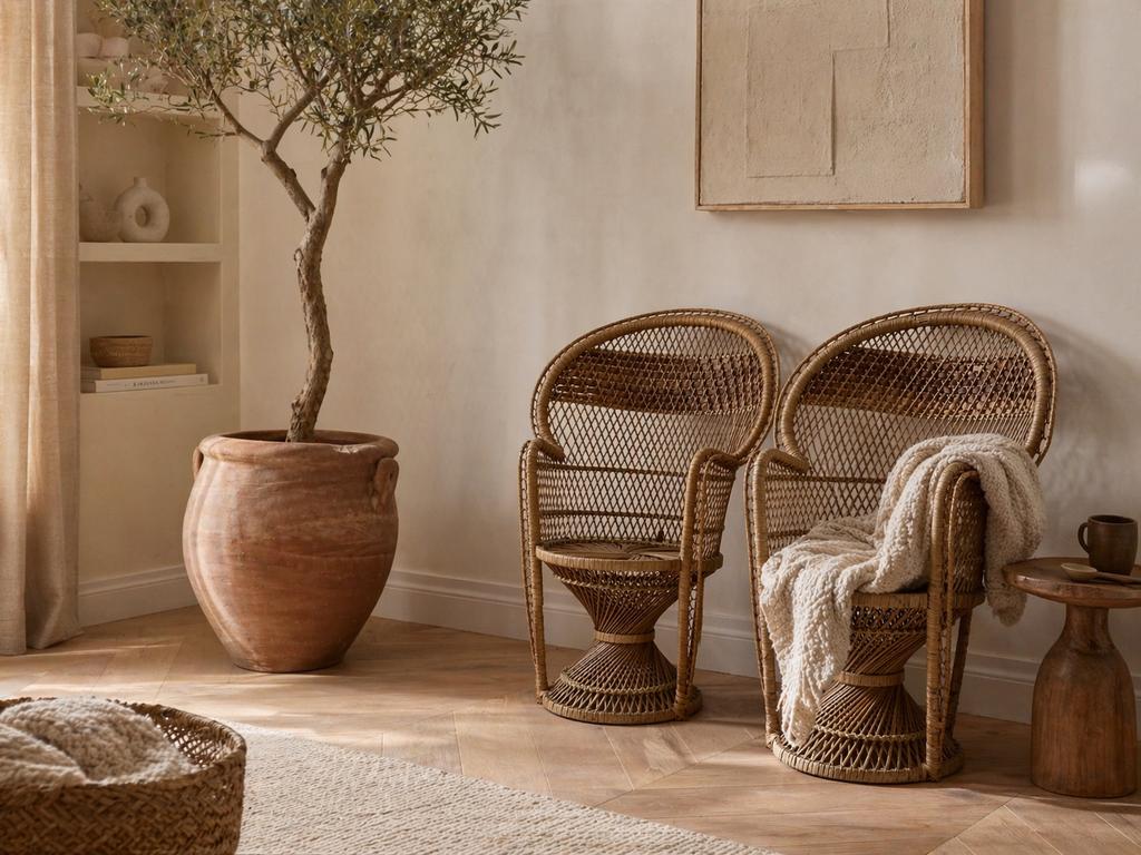 2 kinderstoelen rotan riet stro pauwenstoelen kruk poef 2x, Ophalen, Zo goed als nieuw, Nvt, Nvt