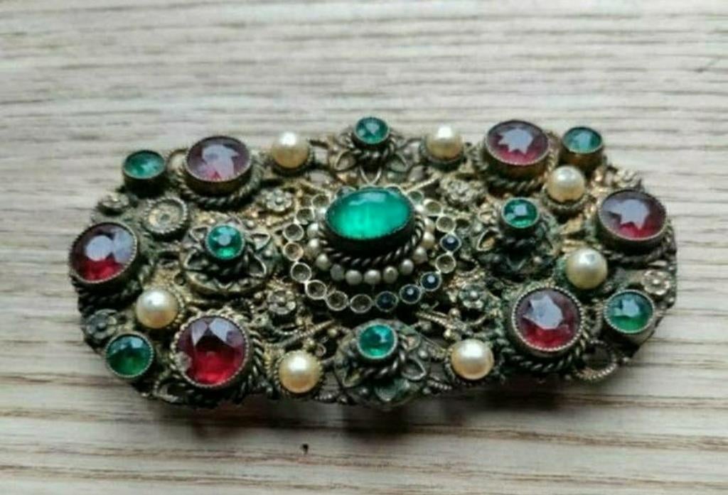 BROCHE,Robijnrood,Smaragdgroen,Parels,Vintage,Zilver, 4 tot 7 cm, Ophalen of Verzenden, Zo goed als nieuw, Met edelsteen