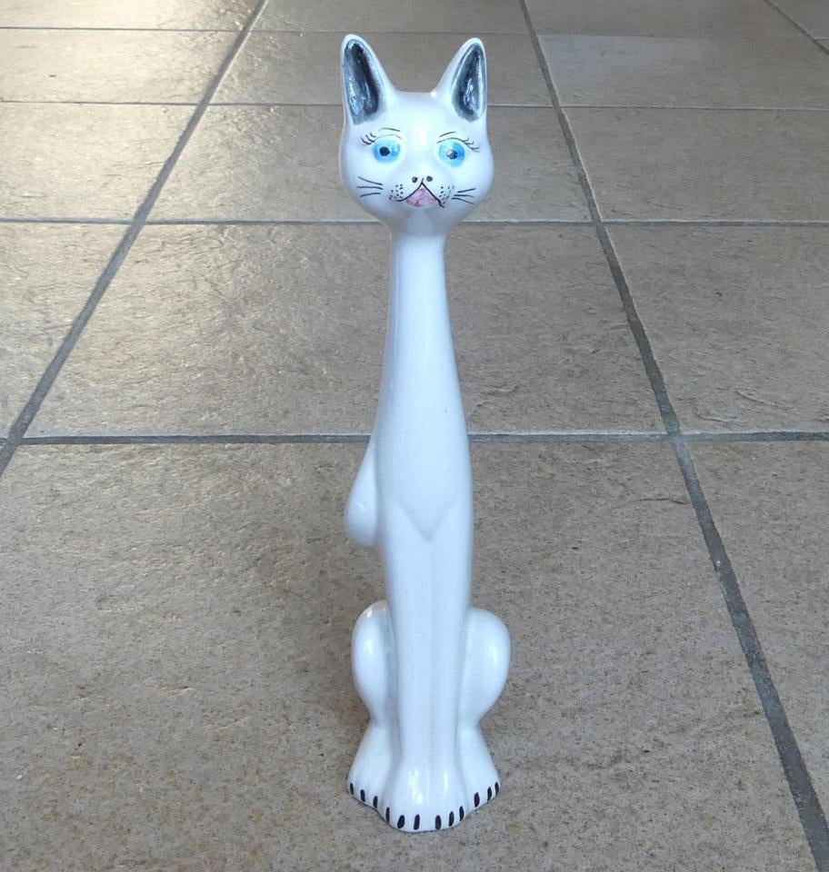 Vintage kattenbeeldje Italy? kat poes wit keramiek langnek, Ophalen of Verzenden, Gebruikt, Dier