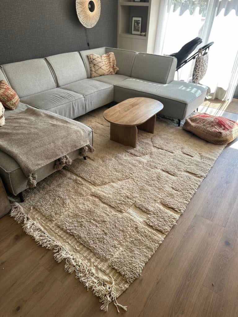 Handgeknoopt berber kleed wol beige patroon grafisch hip, Ophalen, Beige, 200 cm of meer, Zo goed als nieuw