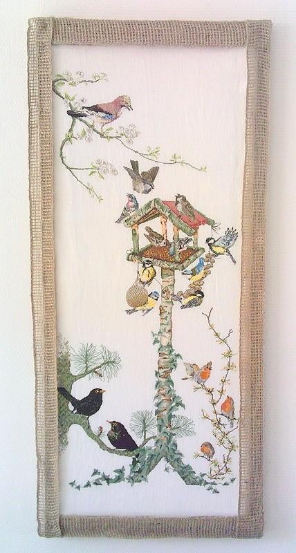 Schitterend borduurwerk vogels vogeltafereel wanddecoratie, Ophalen