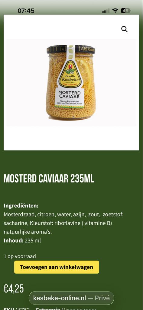 Mosterd kaviaar,te veel besteld 3 potjes., Ophalen