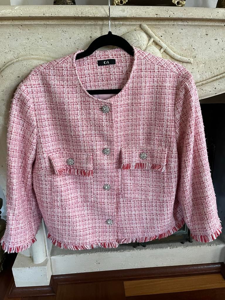 Roze tweed jasje met knopen, Ophalen of Verzenden, Gedragen, Maat 46/48 (XL) of groter, Roze