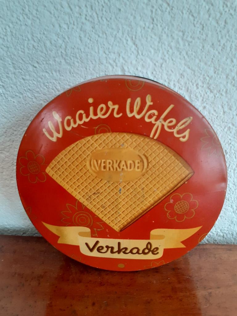 Brocante oude VERKADE waaier wafels koekjestrommel, Ophalen of Verzenden, Gebruikt, Koek(jes), Verkade