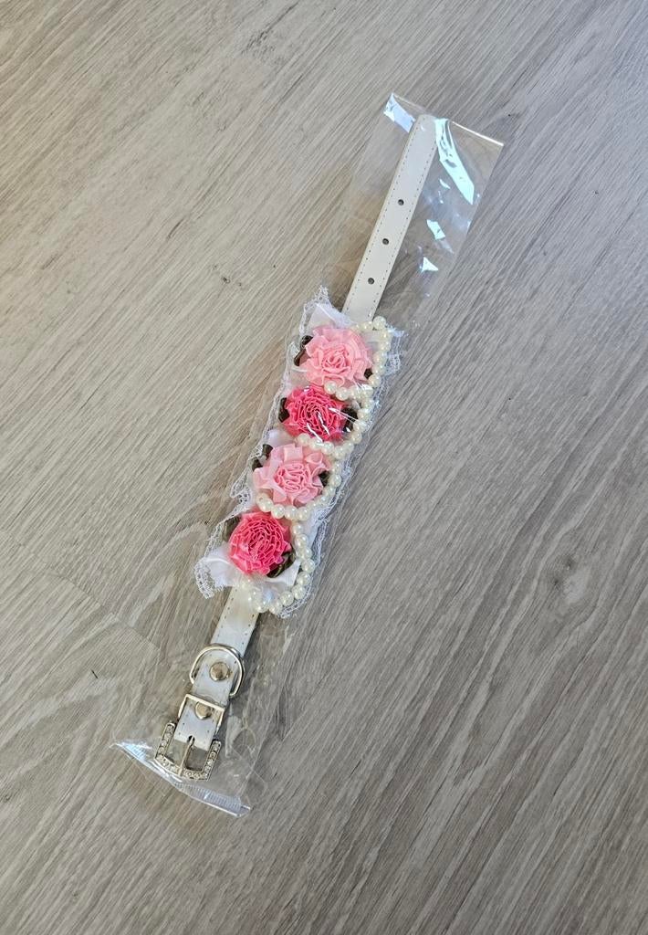 Witte halsband hond met steentjes, bloemetjes en pareltjes, Ophalen, Nieuw